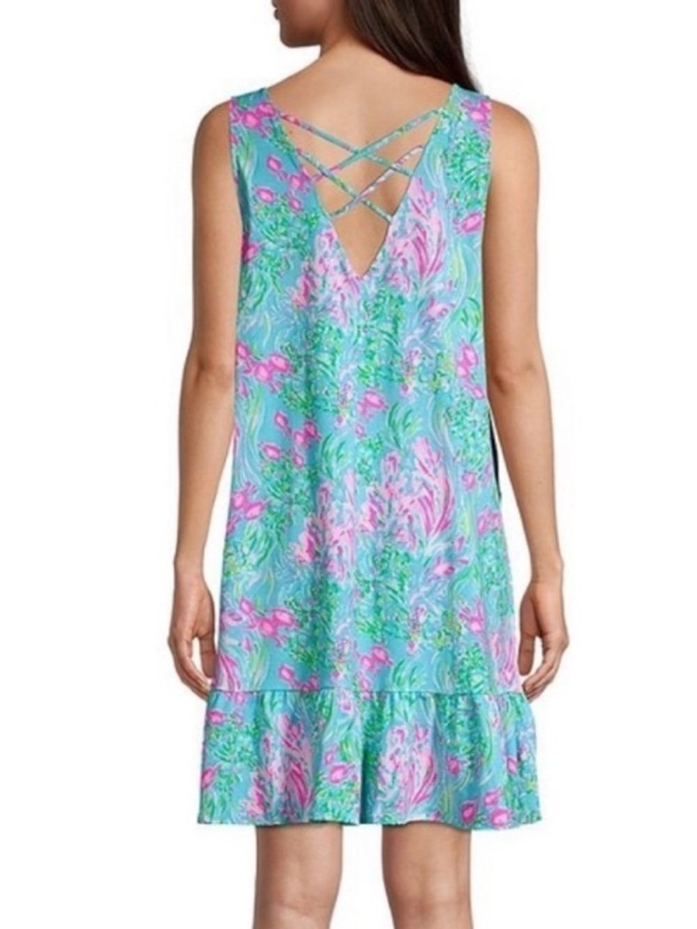 Lilly Pulitzer Kristen Crossover V-Back Best Fishes Blue Flounce Dress SZ Large